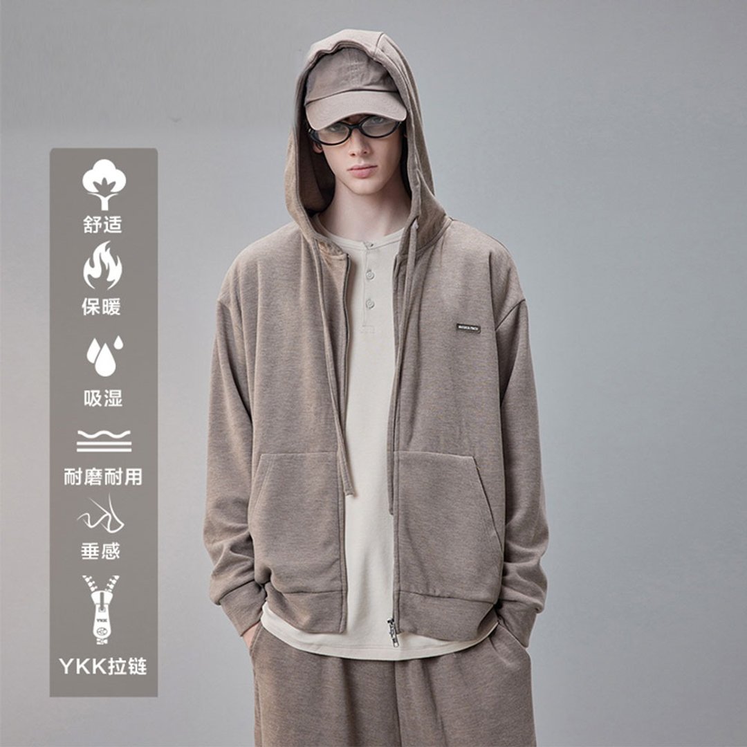户外含羊毛运动套装 男士保暖复古休闲开衫卫衣 - 中性连帽卫衣/T 恤 - 棉．麻 咖啡色