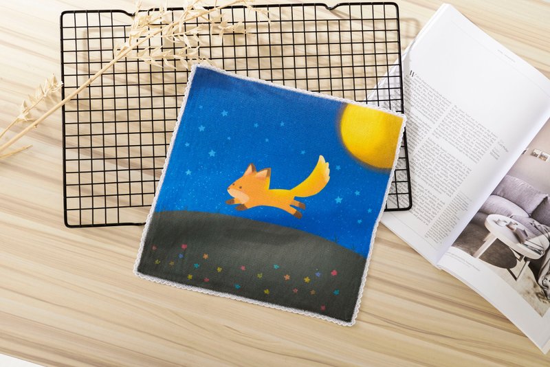 纯棉100% MIT不掉色::插画小方巾(圆满幸狐) - 手帕/方巾 - 棉．麻 蓝色