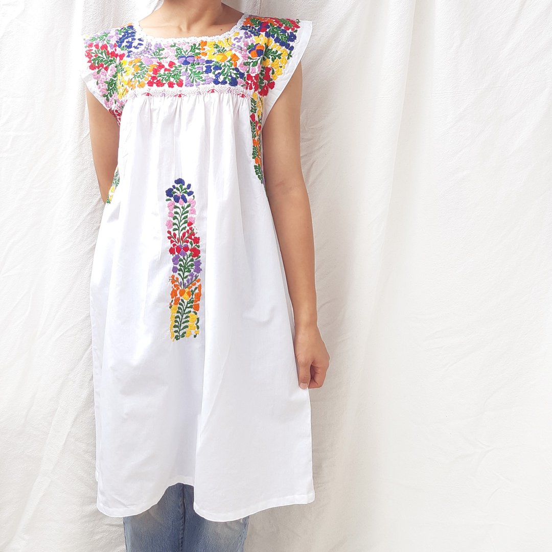 BajuTua /古着/ Oaxaca 墨西哥南方彩花手工刺绣背心 - 女装上衣 - 棉 白色