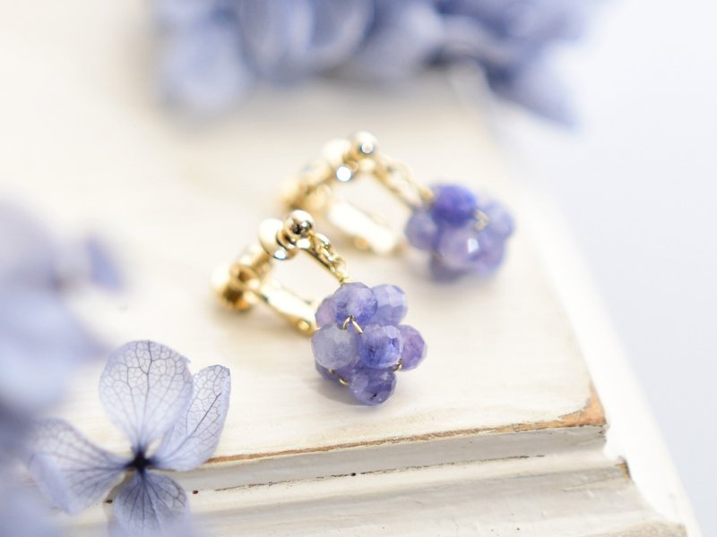 【耳环・耳夹】坦桑石 绣球花色果实 金平糖 天然石 12月诞生石 - 耳环/耳夹 - 半宝石 紫色