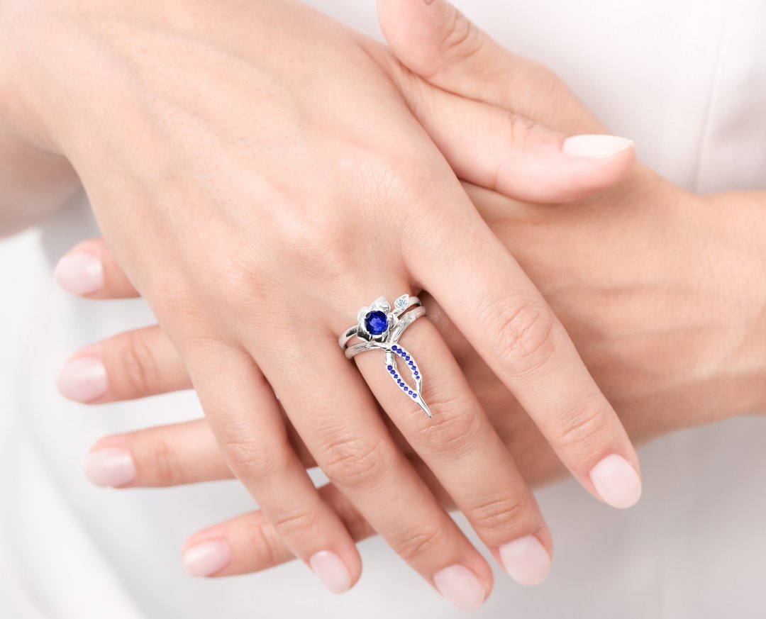 蓝宝石14k钻石订婚结婚戒指套装 花卉白金戒指组合 兰花藤蔓戒指 - 戒指 - 贵金属 蓝色