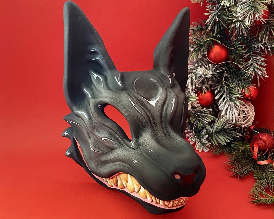 日本 Kitsune 面具，黑银狐狸面具，MADE TO ORDER，Kitsune Cosplay - 口罩 - 树脂 灰色