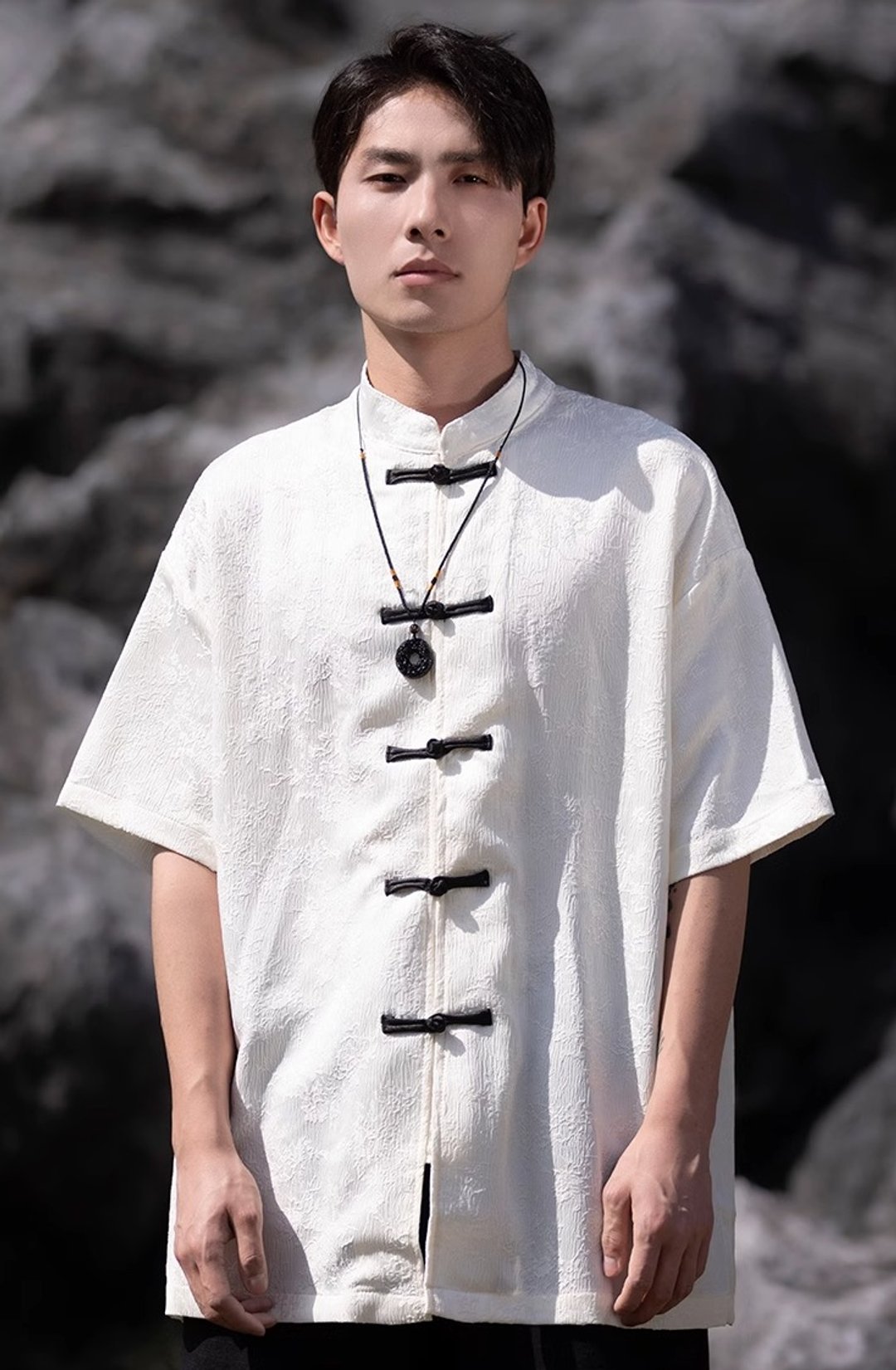 新中式复古 撞色盘扣短袖衬衫 - 男装衬衫 - 其他材质 白色
