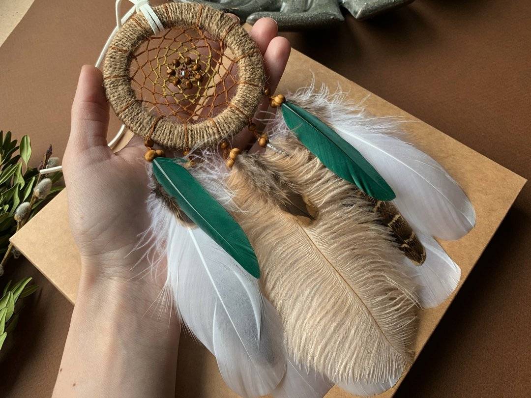 Handmade Natural Beige and Green Father Dream Catcher | Small dreamcatcher - 墙贴/壁贴 - 玻璃 卡其色