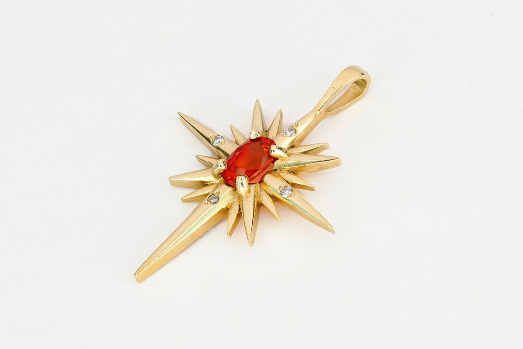 Star pendant with orange-red sapphire and diamonds - 项链 - 贵金属 金色