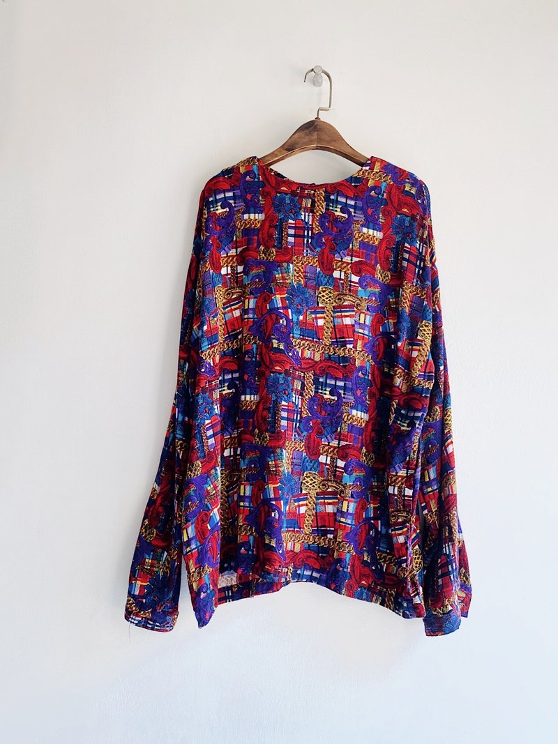 红蓝紫华丽锁链华丽宽松 古着丝衬衫上衣vintage Shirt oversize - 女装上衣 - 丝．绢 多色