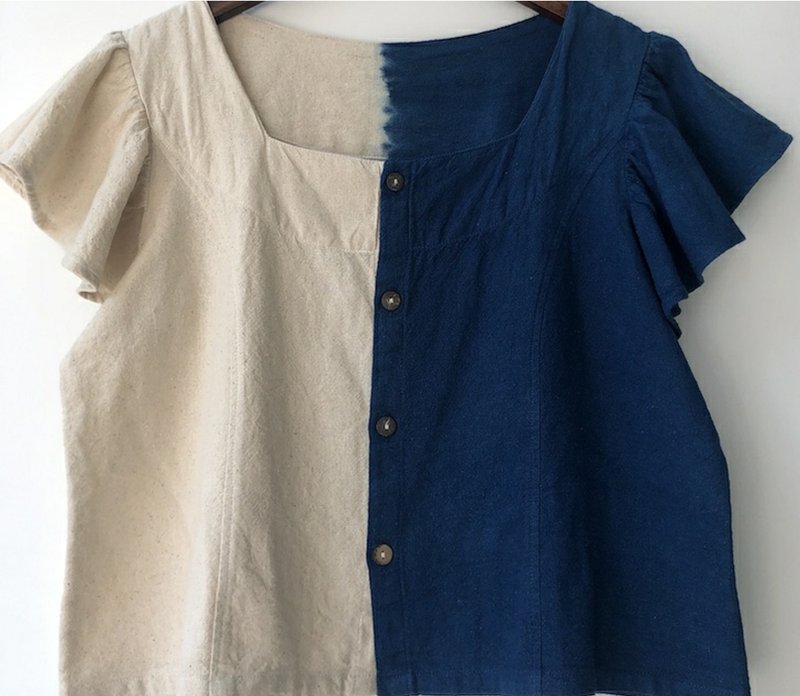 【棉麻手工蓝染】方领荷叶短袖上衣 - 女装上衣 - 棉．麻 蓝色