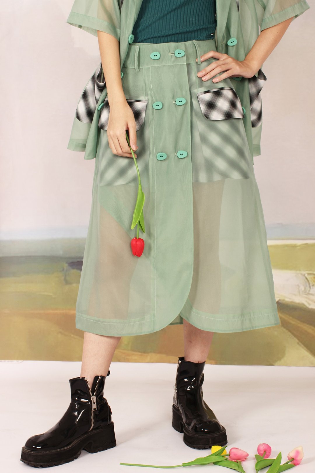 水绿色凉爽柔软欧根纱拼接日系少女高腰夏季半身裙 - 裙子 - 其他人造纤维 绿色