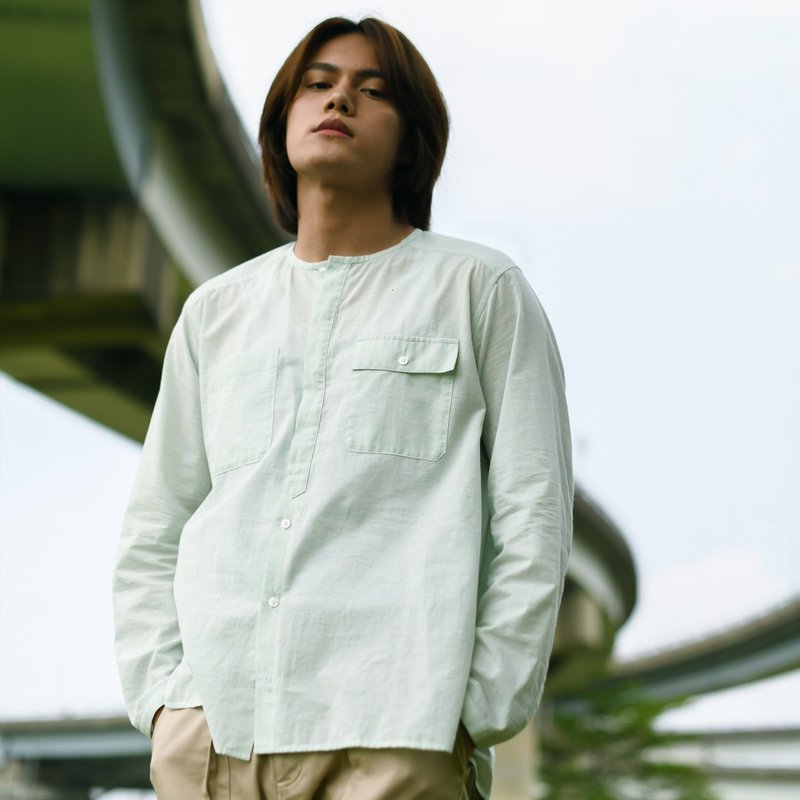 有机棉无领长袖衬衫 - 男装衬衫 - 棉．麻 绿色
