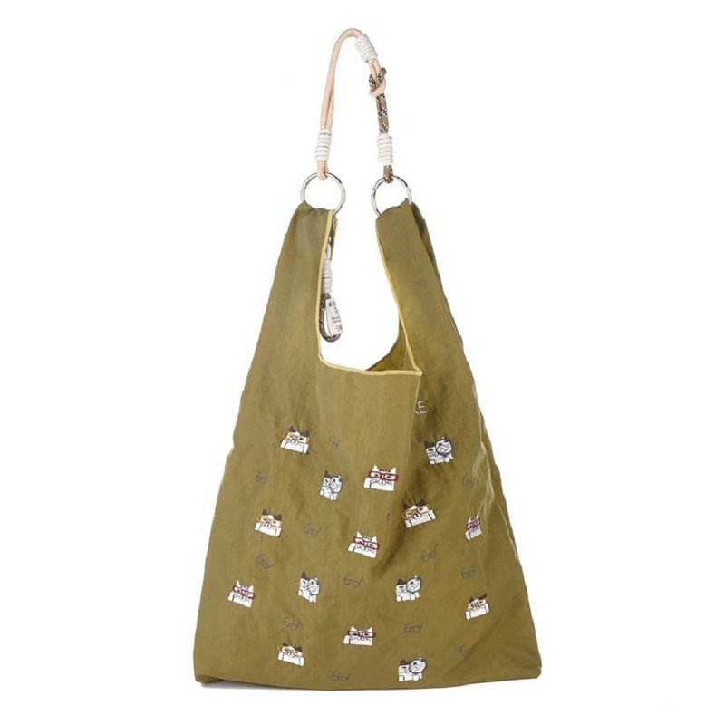 Kusuguru Japan 环保袋 极轻量2用肩背手提防泼水 猫丸款 -卡其绿 - 手提包/手提袋 - 尼龙 绿色