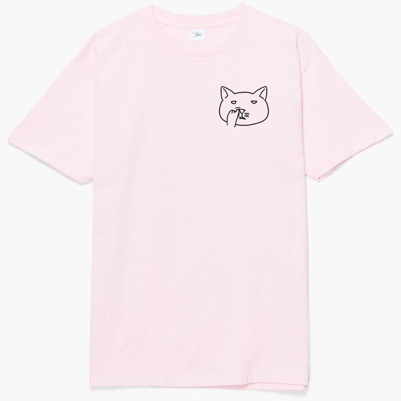 左胸 Nose Picking Cat 短袖T恤 浅粉色 猫咪挖鼻孔 厌世礼物 - 女装 T 恤 - 棉．麻 粉红色
