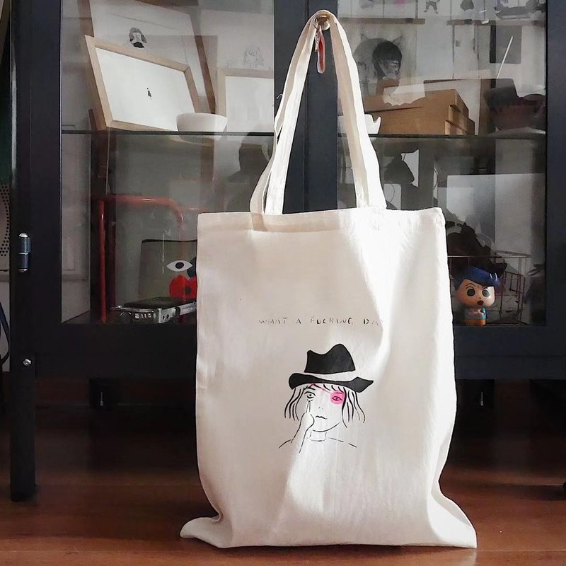 插画纯棉环保袋 what a fucking day - 侧背包/斜挎包 - 棉．麻 白色