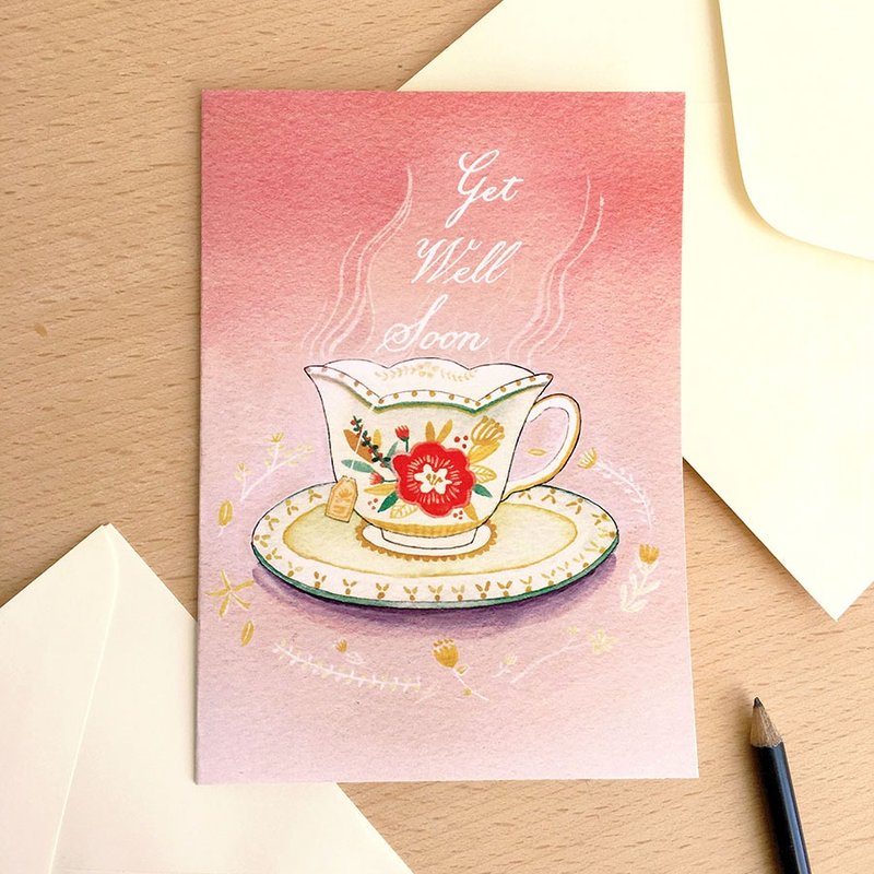 【心意卡】茶杯 - 早日康服 get well soon (连信封) - 卡片/明信片 - 纸 粉红色