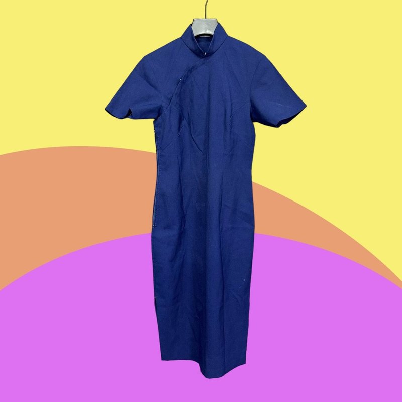 二手 古董订制 蓝色 开衩 轻薄 短袖 旗袍 CA410 - 洋装/连衣裙 - 聚酯纤维 蓝色