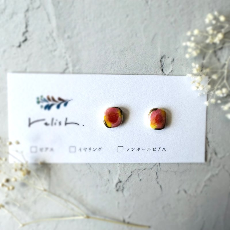 【限量再贩】暖色手绘陶器 金继线条 耳饰/耳夹/无耳洞耳夹 方形 小巧 暖色系 金色 黄色 粉色 红色 - 耳环/耳夹 - 陶 红色