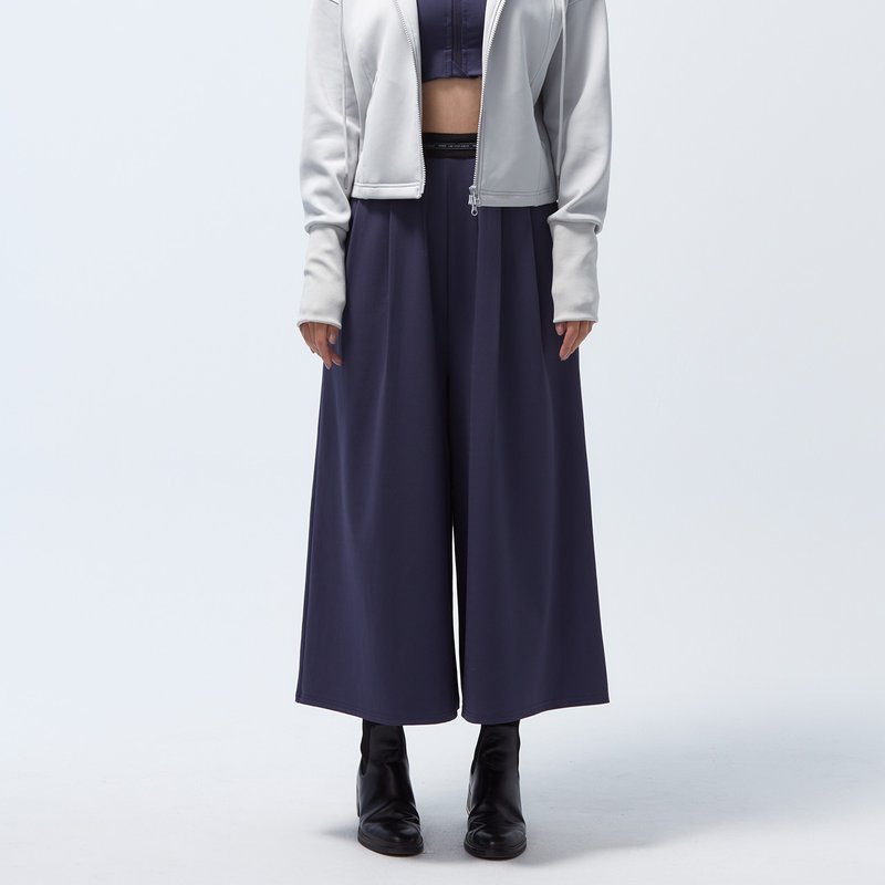 台湾制-高弹织带宽裤-夜影灰 - 女装长裤 - 聚酯纤维 蓝色