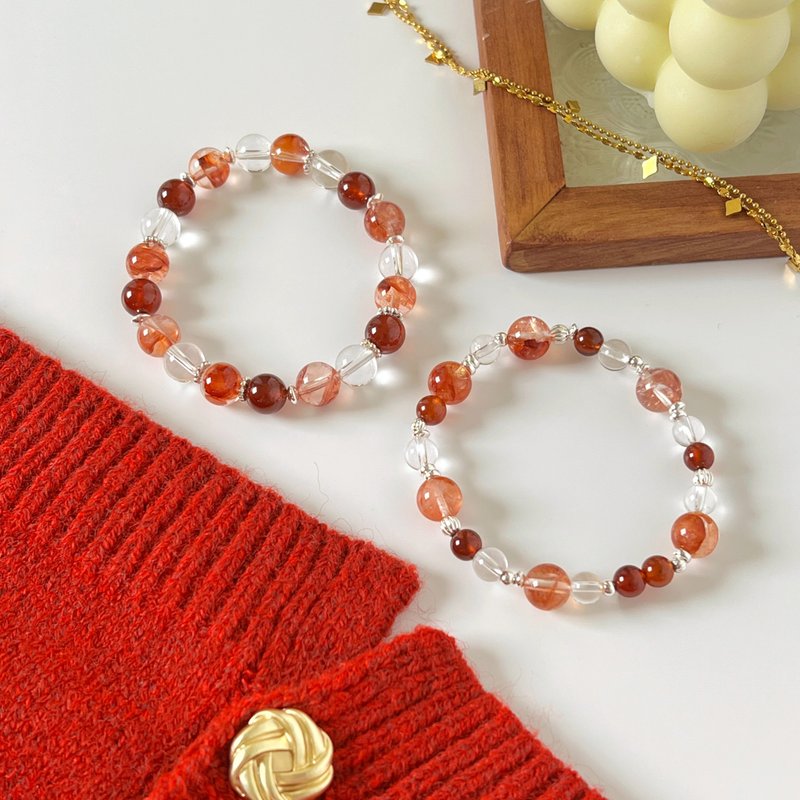 红胶花 橙石榴 白水晶 / 天然水晶手链 定制化 情人节礼物 天然石 - 手链/手环 - 水晶 红色