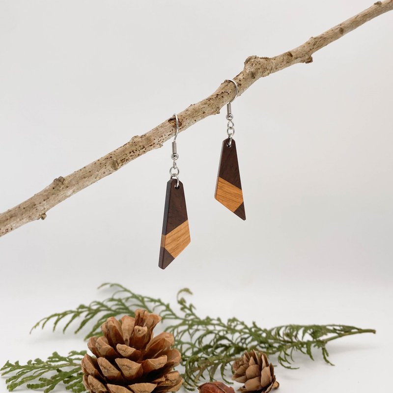 原木拼接耳环 垂坠 耳夹 手作 礼物 自然风 - 耳环/耳夹 - 木头 卡其色