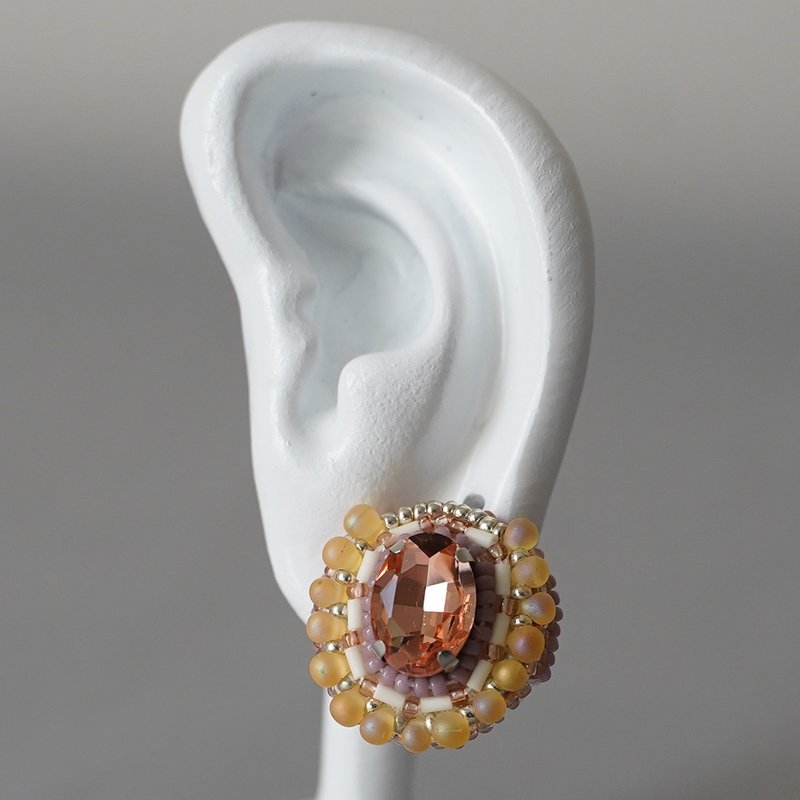 Chatty耳针5 圆形橙Bijou粉红超大手术不锈钢耳针独一无二的珠子刺绣 - 耳环/耳夹 - 玻璃 橘色