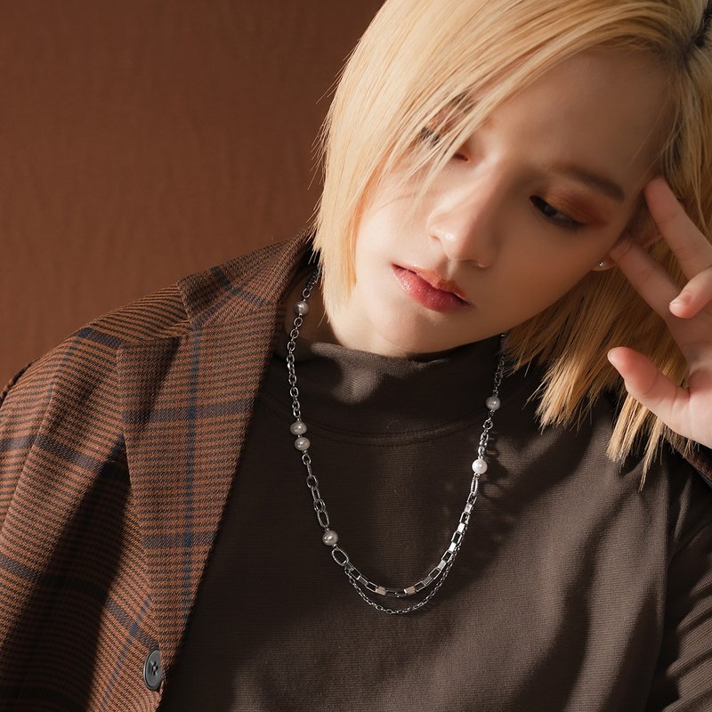Unisex | 极昼系列 - 月晕 * 不锈钢珍珠项链 - 项链 - 其他人造纤维 银色