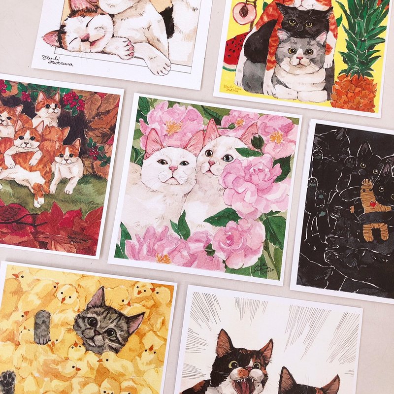 猫咪甜蜜生活 水彩纸正方形 明信片 - 卡片/明信片 - 纸 