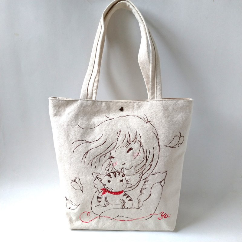 女孩与猫咪─简约随兴手提包、肩背包 - 侧背包/斜挎包 - 棉．麻 白色