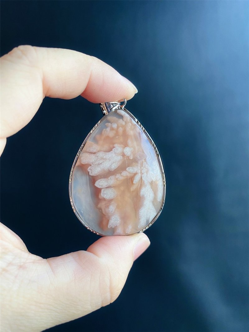 【售出】樱花玛瑙 S925银镶拖 炸花 渐层 意境美 天然石 水中花 - 项链 - 水晶 橘色