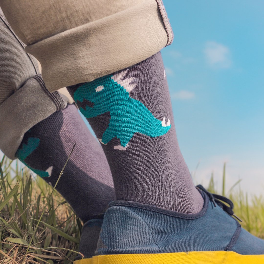 Roar!∣恐龙莫兰迪风 - 设计袜∣台湾制∣抑菌除臭 - 袜子 - 棉 蓝色