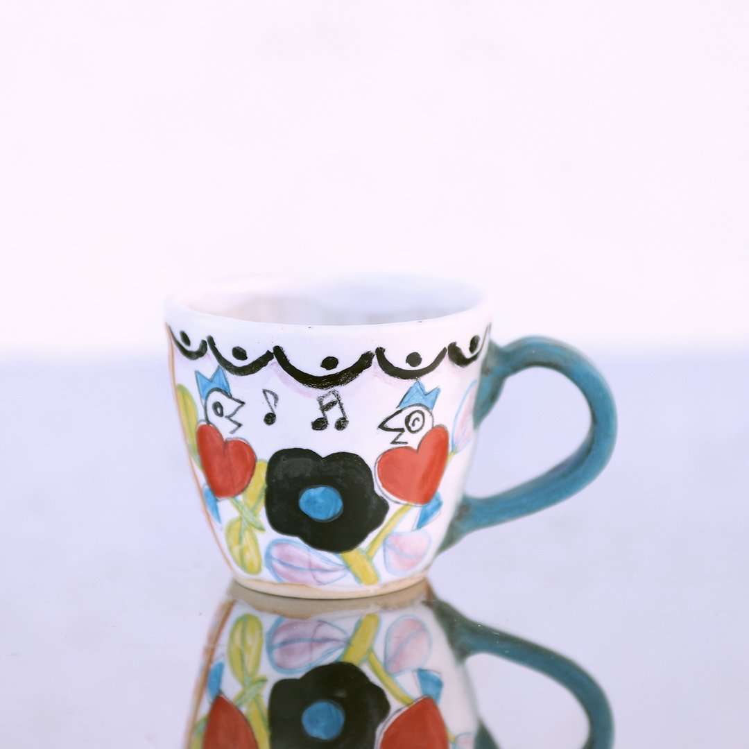 Heart Bird Mug Talking in the Treetops / Turquoise Handle - 咖啡杯/马克杯 - 陶 多色