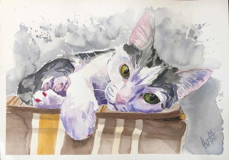 Cat Painting Animal Original Artwork Watercolor Pet Portrait White Cat Wall Art - 海报/装饰画/版画 - 纸 灰色