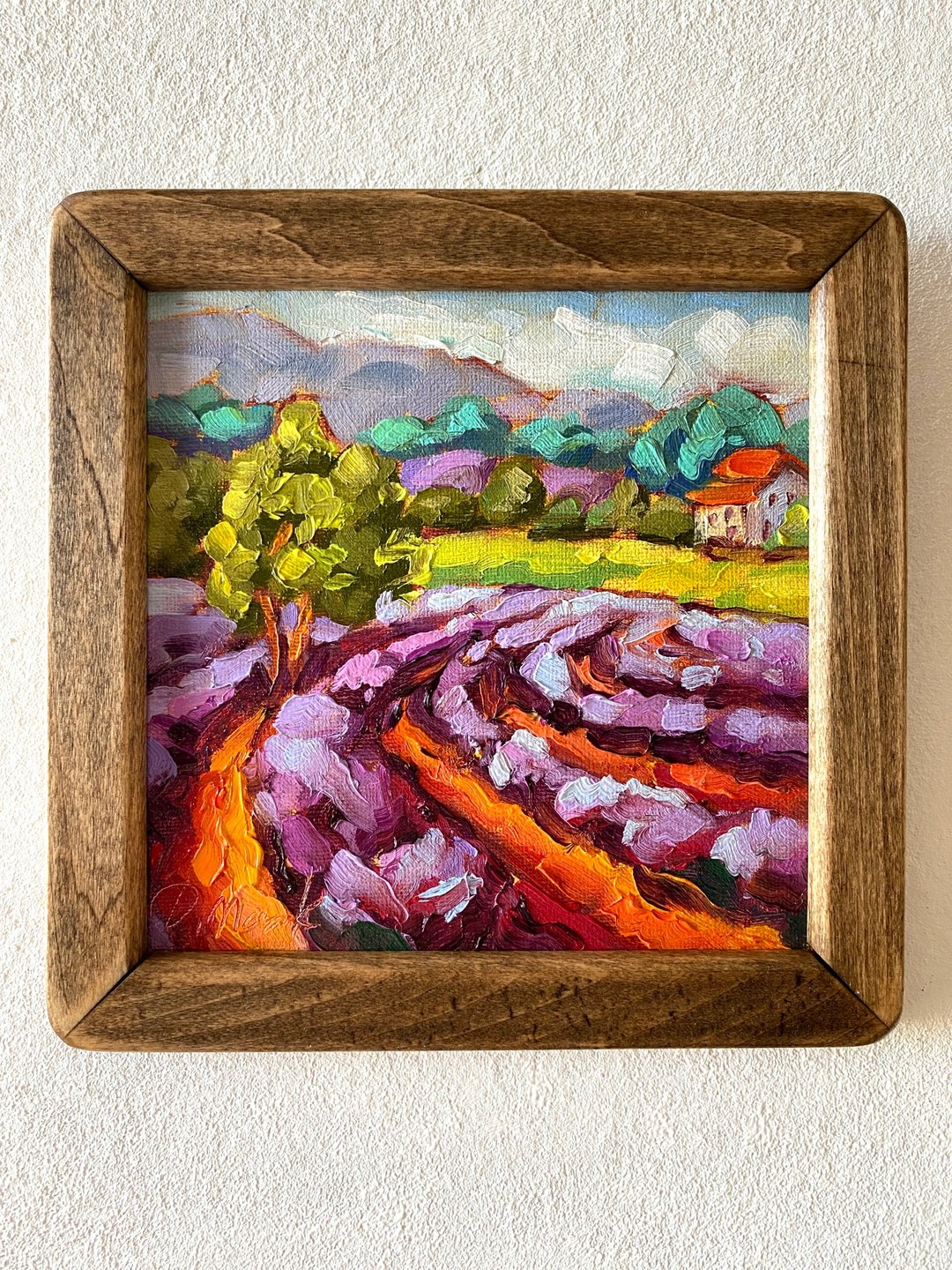 薰衣草田绘画托斯卡纳原创艺术风景油画厚涂小幅艺术品 8x8 托斯 - 墙贴/壁贴 - 木头 