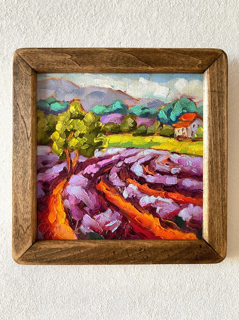 薰衣草田绘画托斯卡纳原创艺术风景油画厚涂小幅艺术品 8x8 托斯 - 墙贴/壁贴 - 木头 
