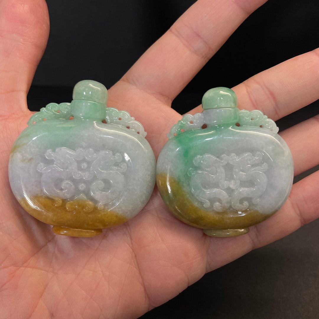 瀚玉珠宝 天然A货翡翠 老三彩鼻烟壶 复古双龙黄加绿翡翠摆件证书 - 其他 - 玉石 