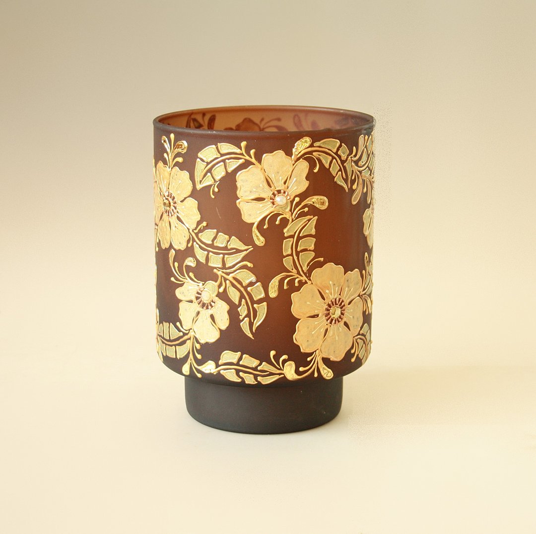 Brown Gold Glass Vase Lamp Centerpiece Swarovski Crystals, Hand-painted - 摆饰 - 玻璃 咖啡色
