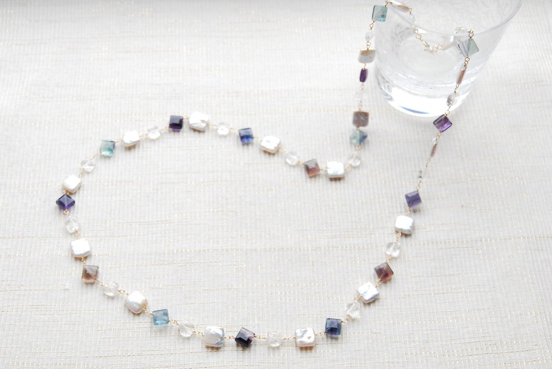 Fluorite, square stone and pearl necklace 14kgf - 项链 - 半宝石 多色