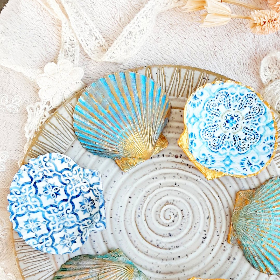 Scallop Shell Ring Dish | Windmills | Antique Vintage Tile Pattern |Trinket Tray - 摆饰 - 其他材质 蓝色