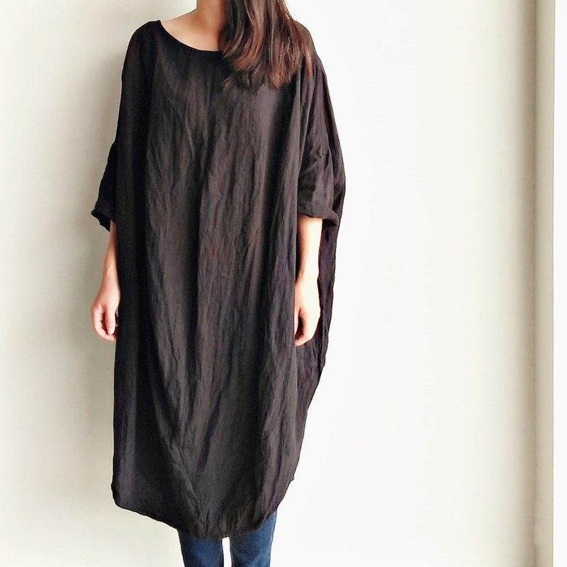 七分不规则长衫  亚麻  黑 - 女装上衣 - 棉．麻 黑色
