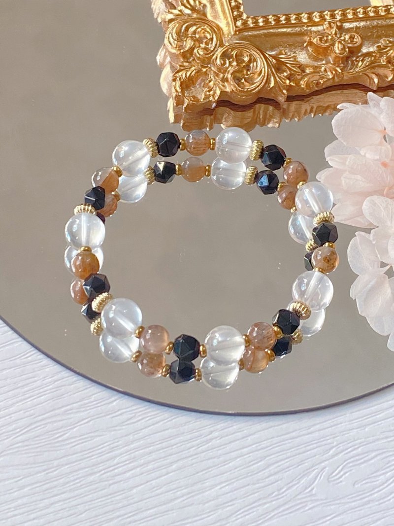 圣诞礼物 粉晶 骨干太阳石 黑曜石||积极行动 人缘 招财 防小人 - 手链/手环 - 水晶 橘色