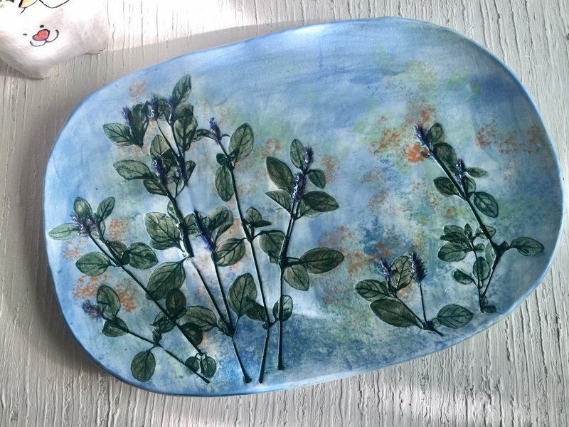 拈花惹草叶拓彩盘-大长盘_陶器餐盘 - 盘子/餐盘/盘架 - 陶 蓝色