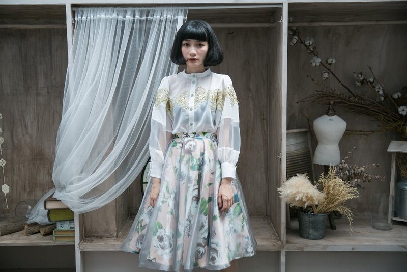 马克的小小奢华 雪纺拼接刺绣与乌干纱衬衫 - 女装上衣 - 棉．麻 白色