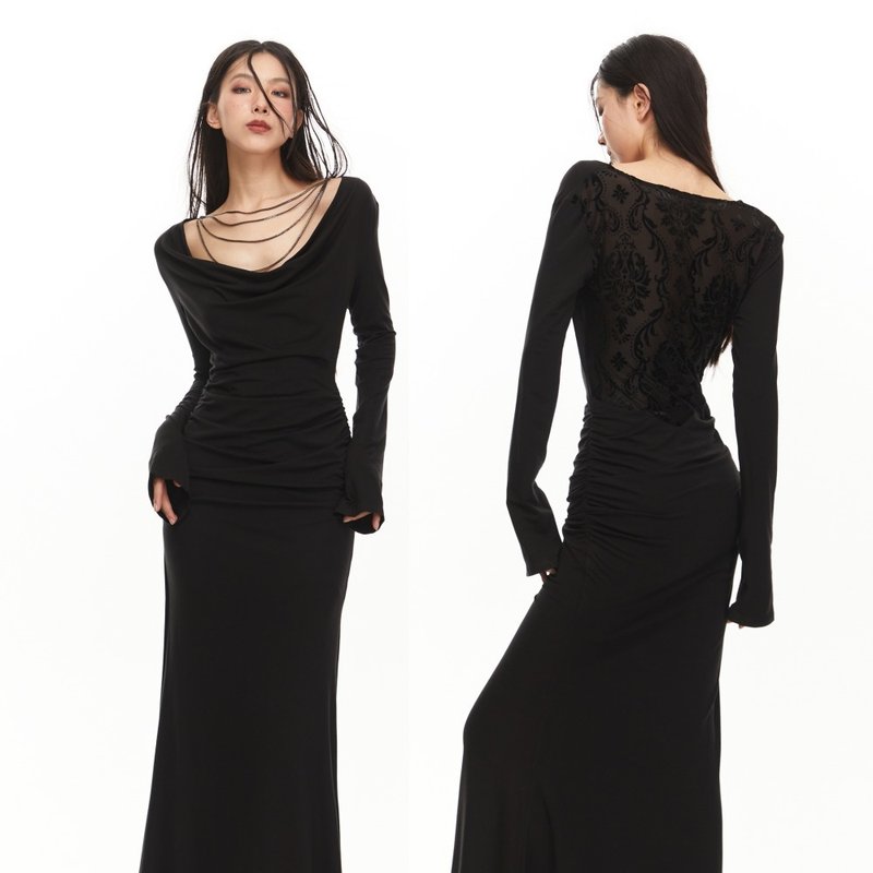 【雙面可穿】蕩領設計壹字領絲絨褶皺魚尾連衣裙 - 洋装/连衣裙 - 其他材质 黑色