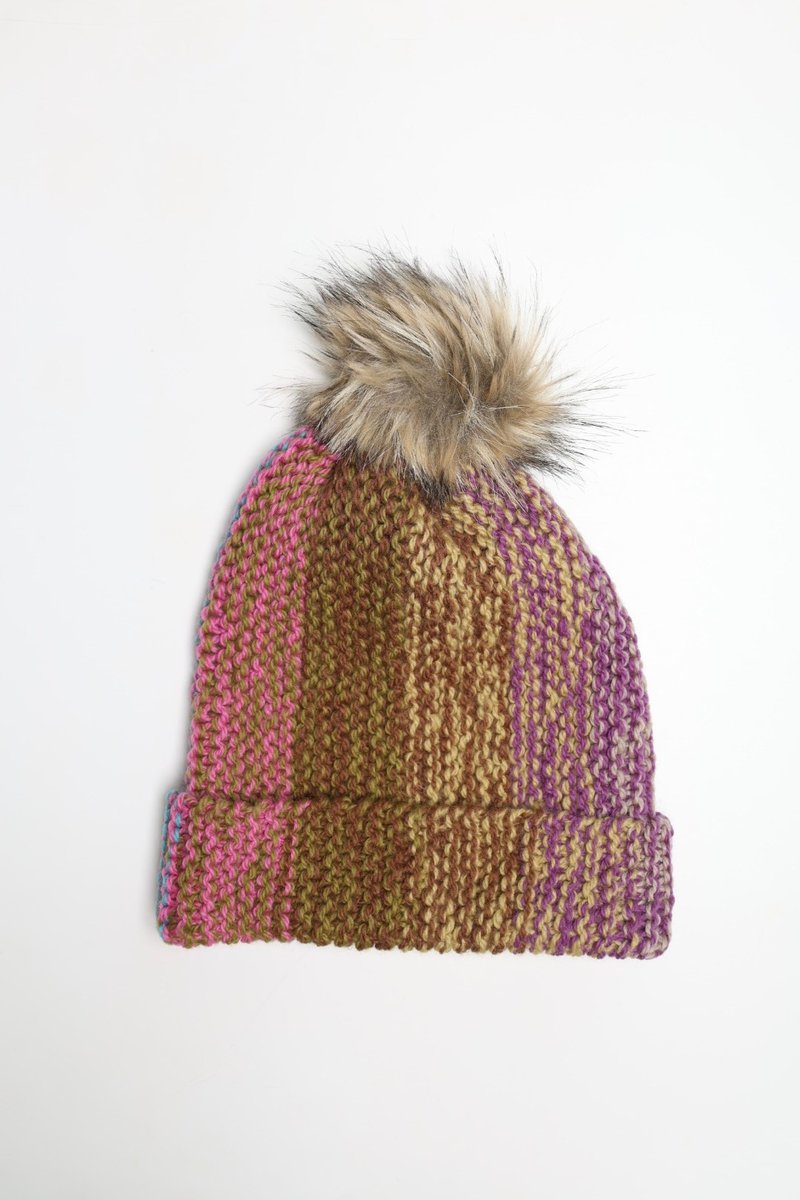 /潮流精品/紫粉直条纹杂线毛帽细软纯美丽诺羊毛帽/手工编织艺术 - 帽子 - 羊毛 蓝色