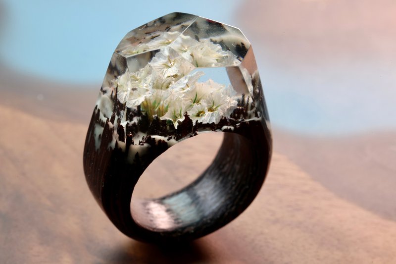 绽放黄、手工树脂木头戒指、干燥花、夜光饰品、定制刻字、永生花 - 戒指 - 树脂 黄色