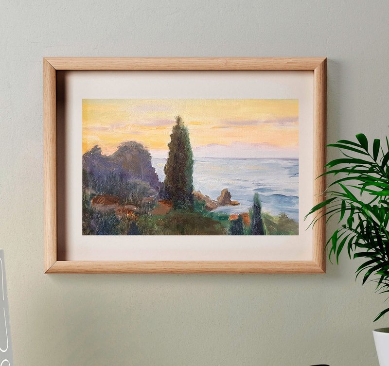 Sunrise Painting Seascape Original Art Blue Mountains Artwork Plein Air Canvas - 墙贴/壁贴 - 其他材质 蓝色