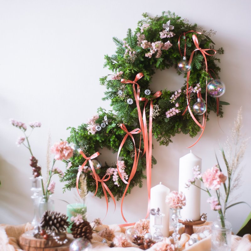 Airy Peach 粉桃气圣诞花圈 | 交换礼物 | 圣诞节礼物 - 干燥花/捧花 - 植物．花 粉红色