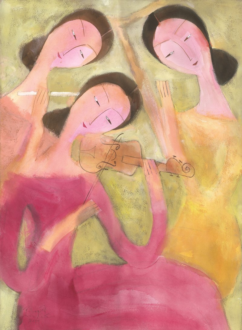 Three musicians - 订制画像 - 纸 粉红色