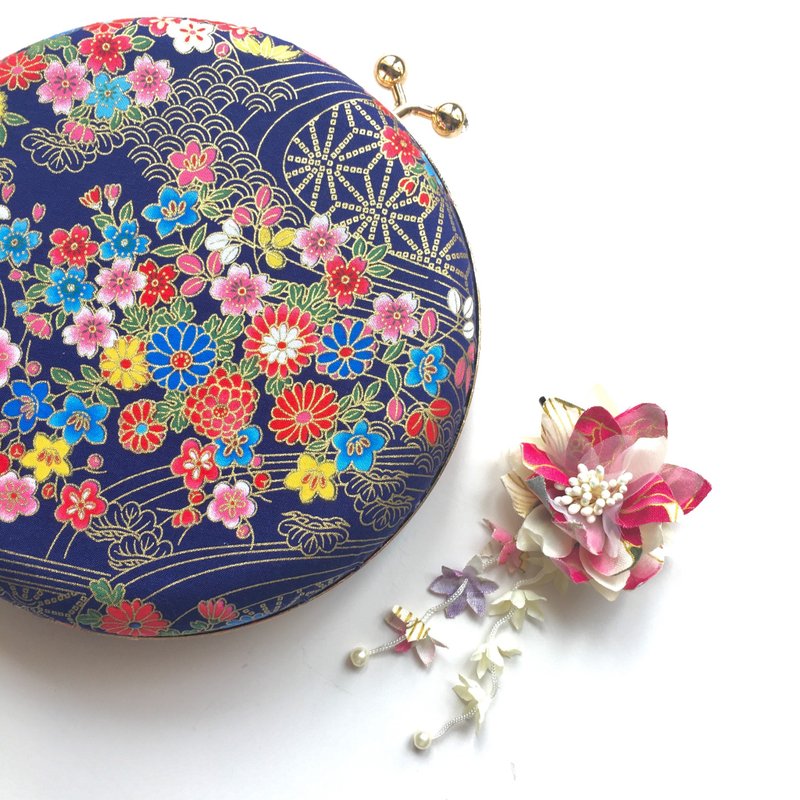 日式烫金樱花棉布小圆包 - 可手拿/斜背/ 婚礼姊妹礼物 - 侧背包/斜挎包 - 棉．麻 蓝色