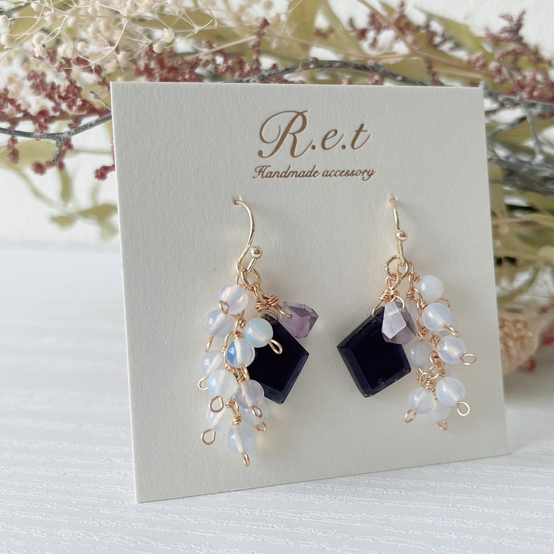 14kgf earrings iolite x amethyst x opal - 耳环/耳夹 - 半宝石 蓝色