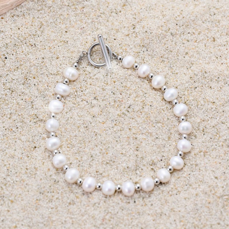 天然白色淡水珍珠手链 5-6mm 银色珠子OT扣 灵动精致 万圣节礼物 - 手链/手环 - 珍珠 白色