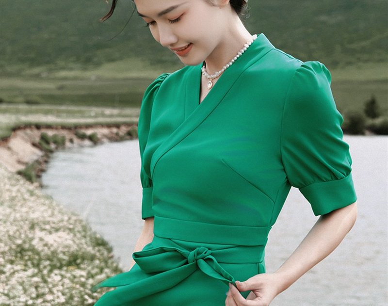 翠岚 新中式复古藏服 改良日常短袖洋裝 - 洋装/连衣裙 - 其他材质 绿色